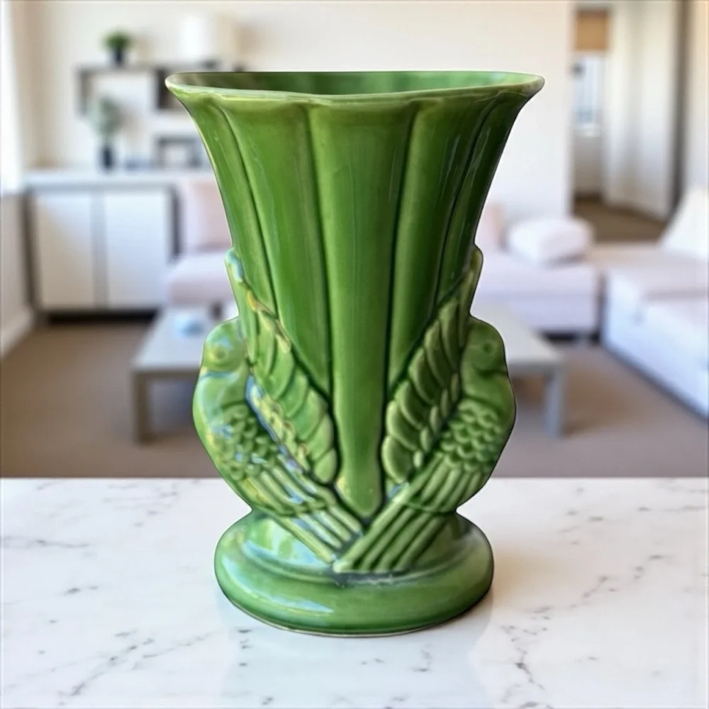 Vintage Shawnee Pottery Double Dove Green Vase Mid Century 1940s
